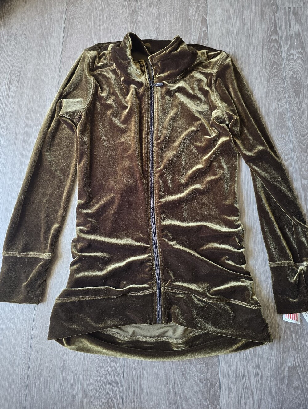 Snoskins Olive Bronze Velvet Zip Jacket NWT Made USA Mock Neck Stretch Artsy S